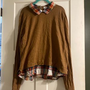 Gently used JCrew Factory sweater blouse tartan plaid & camel brown size XXL